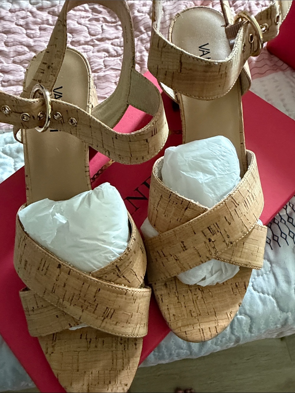 Vaneli Natural Cork-Textured Wedge Sandals with Ankle Buckle
